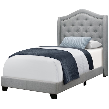 Bed, Twin Size, Platform, Teen, Frame, Upholstered, Velvet, Wood Legs, Grey, Chrome, Traditional